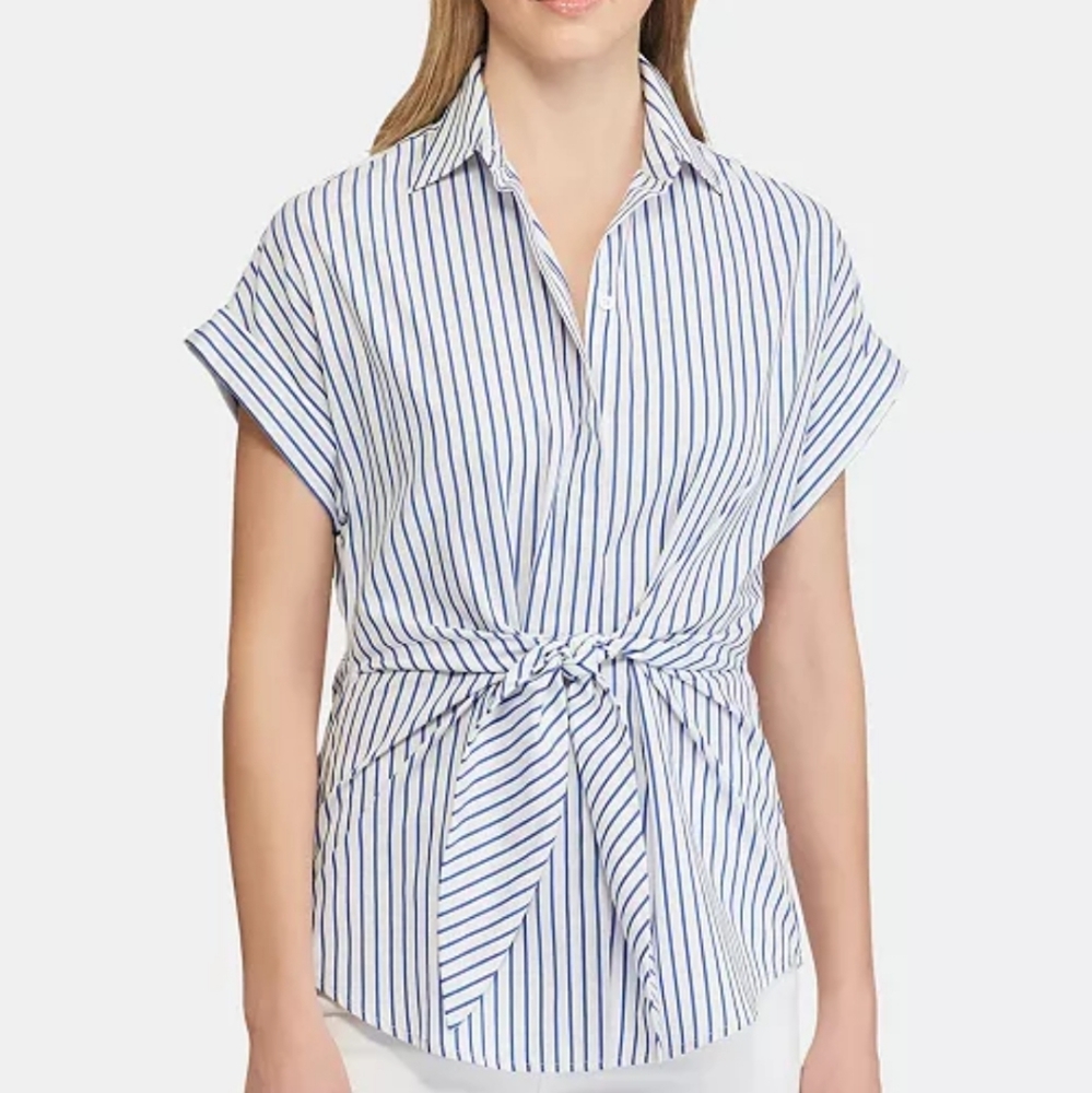 Laure Ralph Lauren Striped Tie Front Cotton Top Medium White Blue